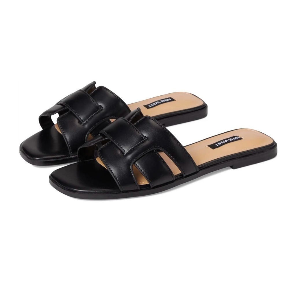 Nine West Germani Black Flat Slide Sandals with  Square Toe, NWT - Size 7.5​